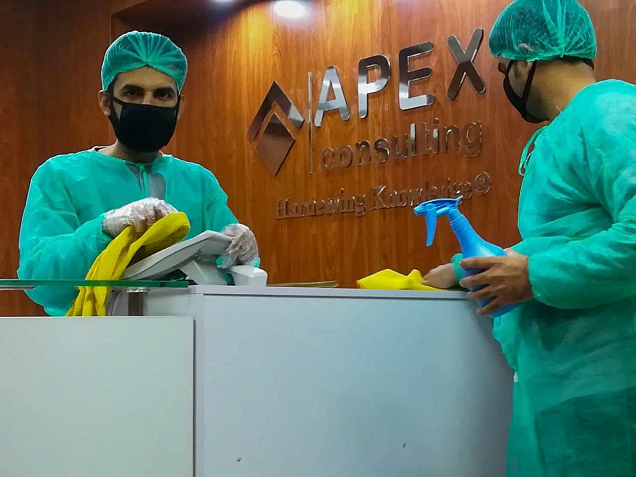 Amid this Corona pandemic, APEX Consulting executed a complete disinfecting activity at its head office Islamabad. The same will be practiced at all Provincial offices in due time.

We are up against this virus being individuals, families, organizations, entities and above all as a nation. Now is the high time that we act like a civilized nation and do whatever is in our hands and abide by all the measures required by us. The nation and the whole world is going to get through these hard times; we are only required to act by two rules i.e. being disciplined and vigilant. 
 
Quick Tip (regarding disinfecting process):
Wipe down a surface in one direction and don’t go back over it in the opposite direction because it will deposit germs that were just cleaned up. Routinely wipe down all frequently touched surfaces such as workstations, countertops, and doorknobs.